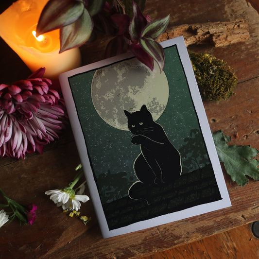 Moon Bathing - Black Cat and Full Moon Notecard