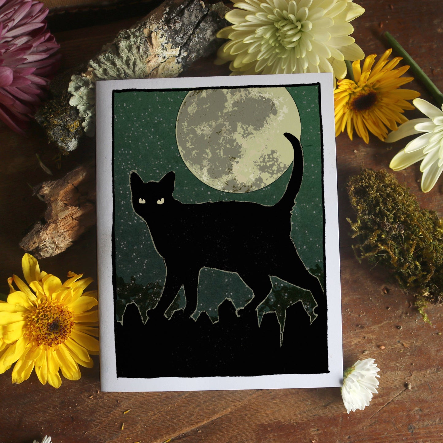 Midnight Stalker - Black Cat and Full Moon Notecard