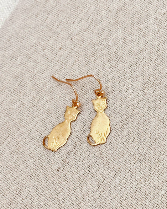 Brass Engraved Cat Silhouette Earrings