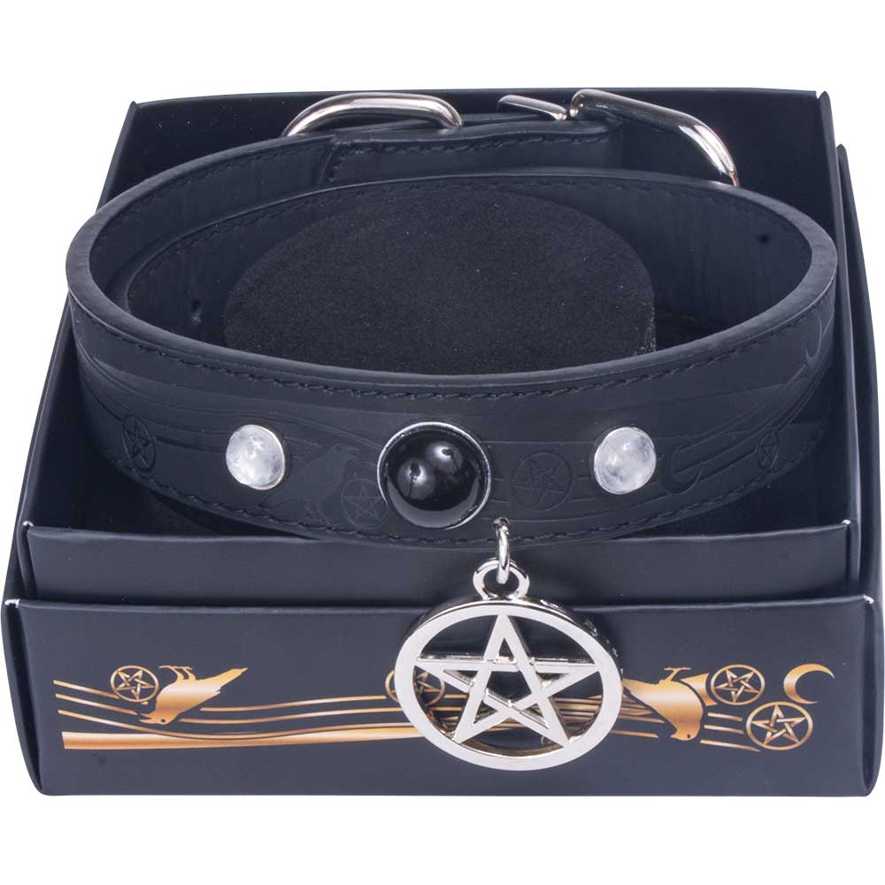 Vegan Leather Cat Collar - Pentacle with Moonstone and Onyx - Small