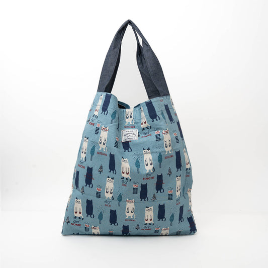 Kusuguru Japan Three Cats Embroidered Large Tote Bag in Blue