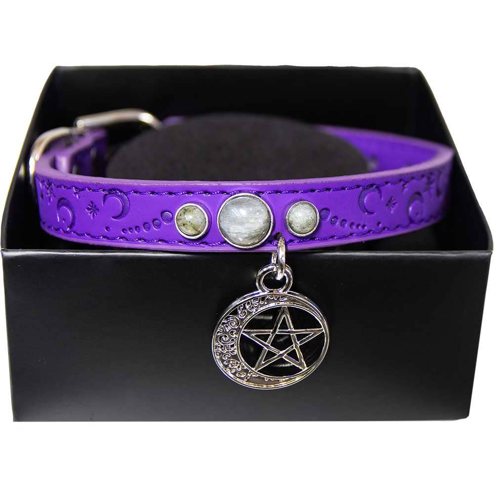 Vegan Leather Cat/Dog Collar-Cresc.Moon Pentacle-Small 9.5"L