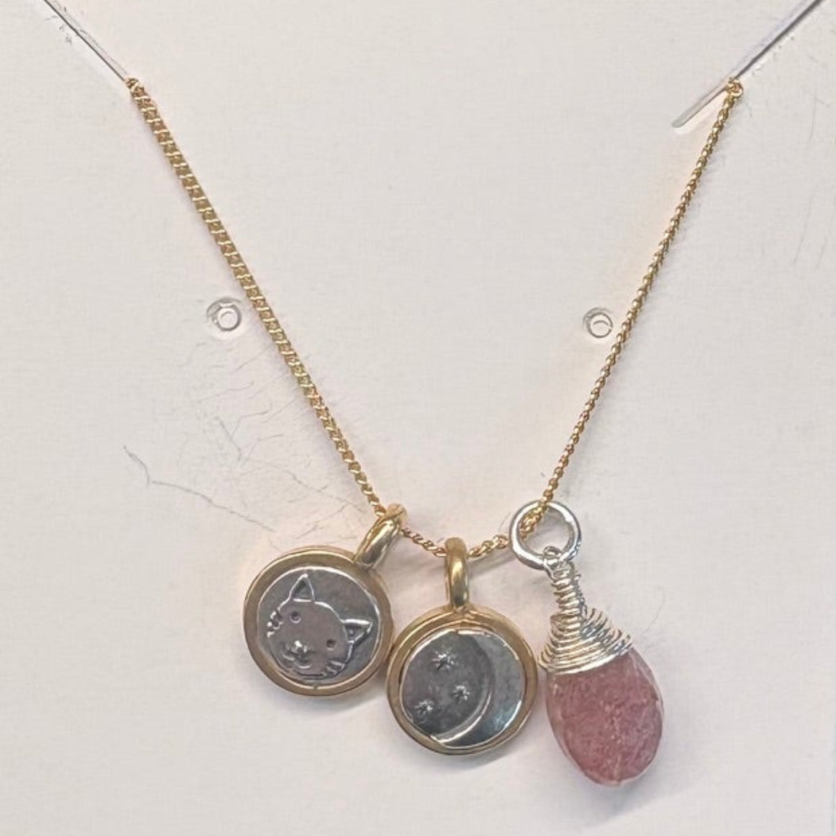 Marmalade Moon, Stars & Kitty Gold Necklace with Strawberry Quartz