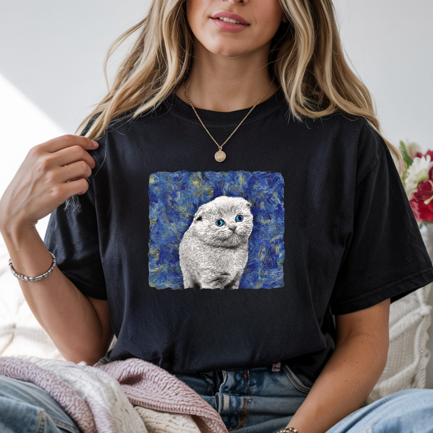 Blue Impressionist Cat Art T-Shirt