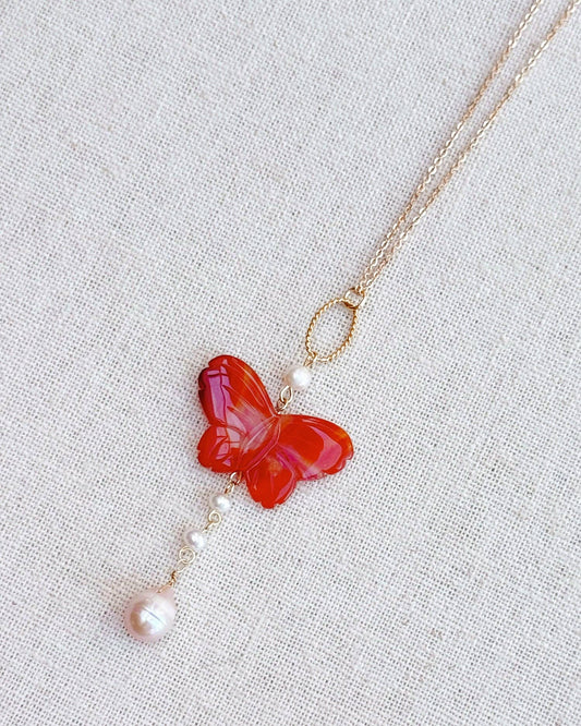 Carnelian Butterfly Charm Necklace with Freshwater Pearl