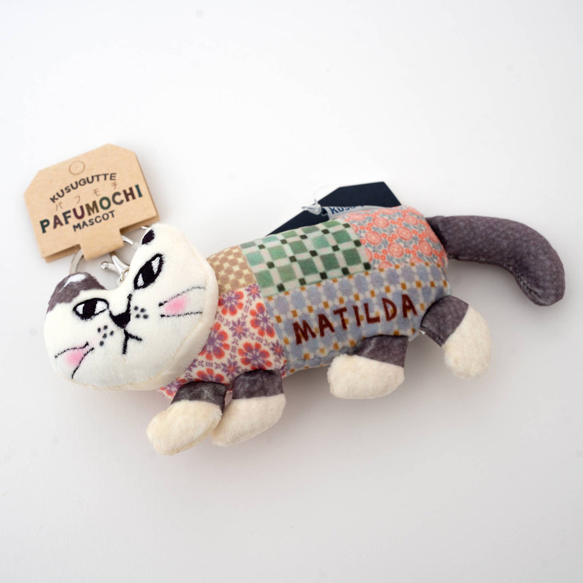 Kusuguru Japan Matilda Cat Plush Keychain & Bag Charm — Grey Patchwork