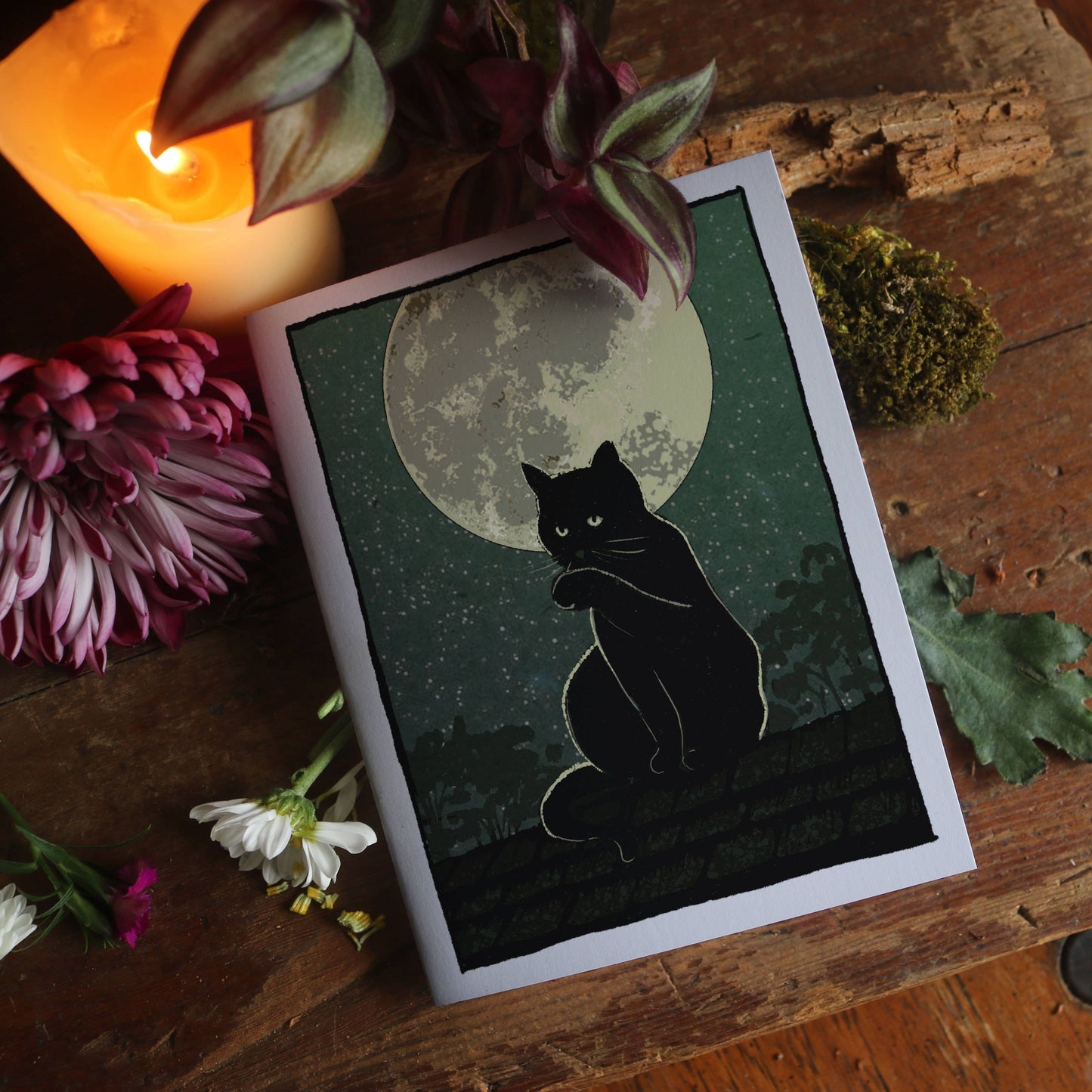 Moon Bathing - Black Cat and Full Moon Notecard