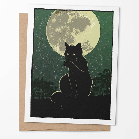 Moon Bathing - Black Cat and Full Moon Notecard