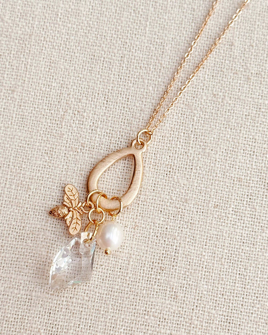 Gold Freshwater Pearl Swarovski Crystal Bee Charm Necklace
