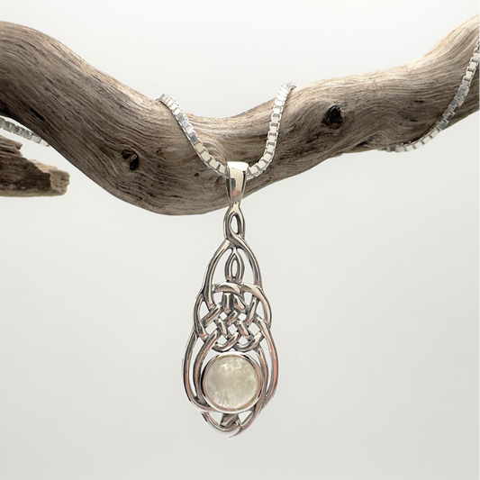 Moonlit Paths: Rainbow Moonstone Knot Pendant in Sterling Silver