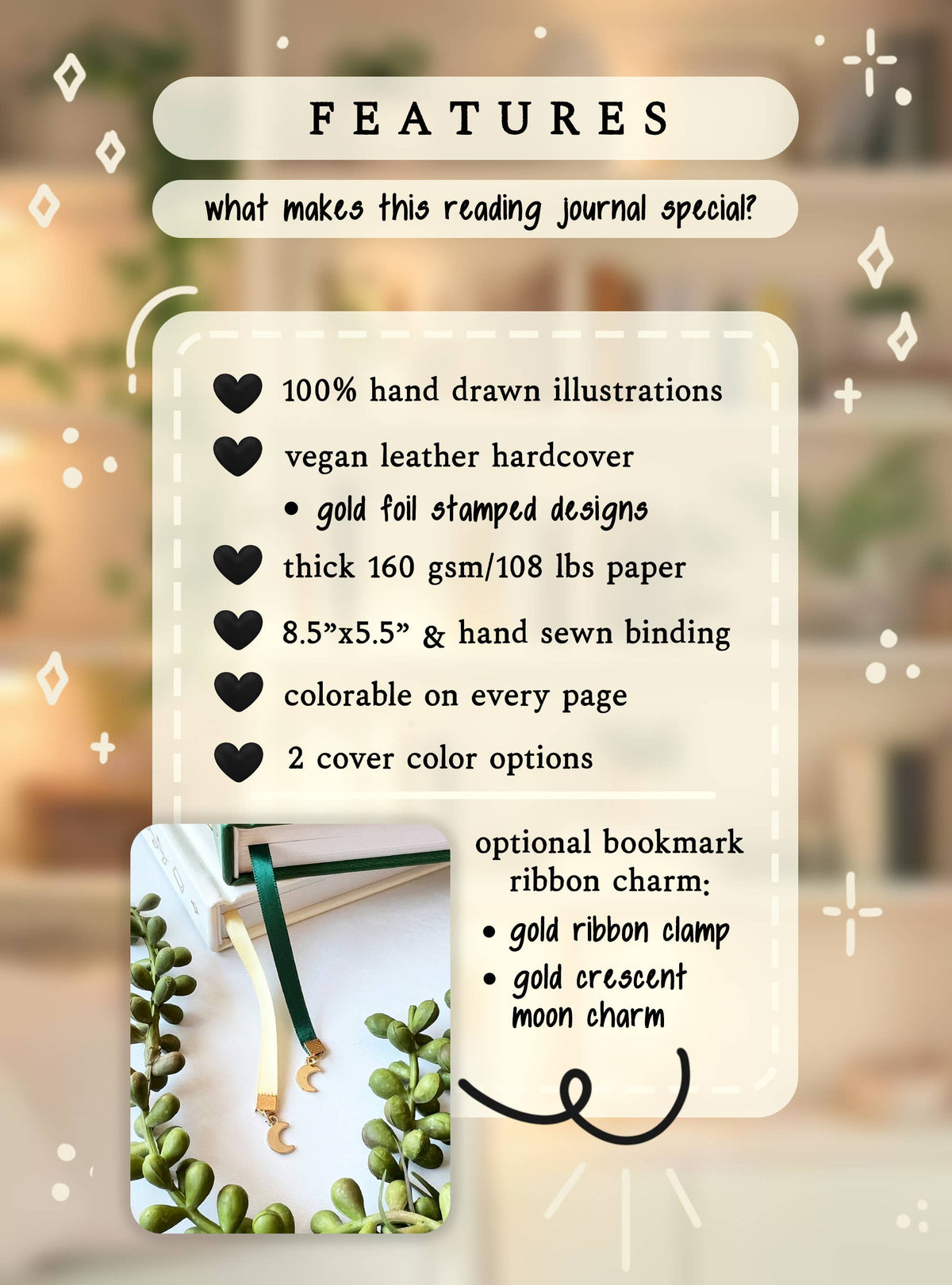 Expanded Reading Journal  Vegan Leather & Gold Foil