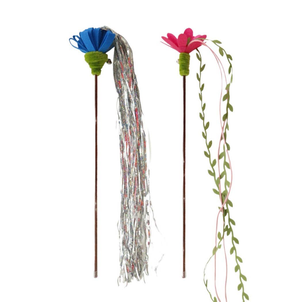Moo - Floral Cat Teaser Wand with Ribbon & Leaf Streamers