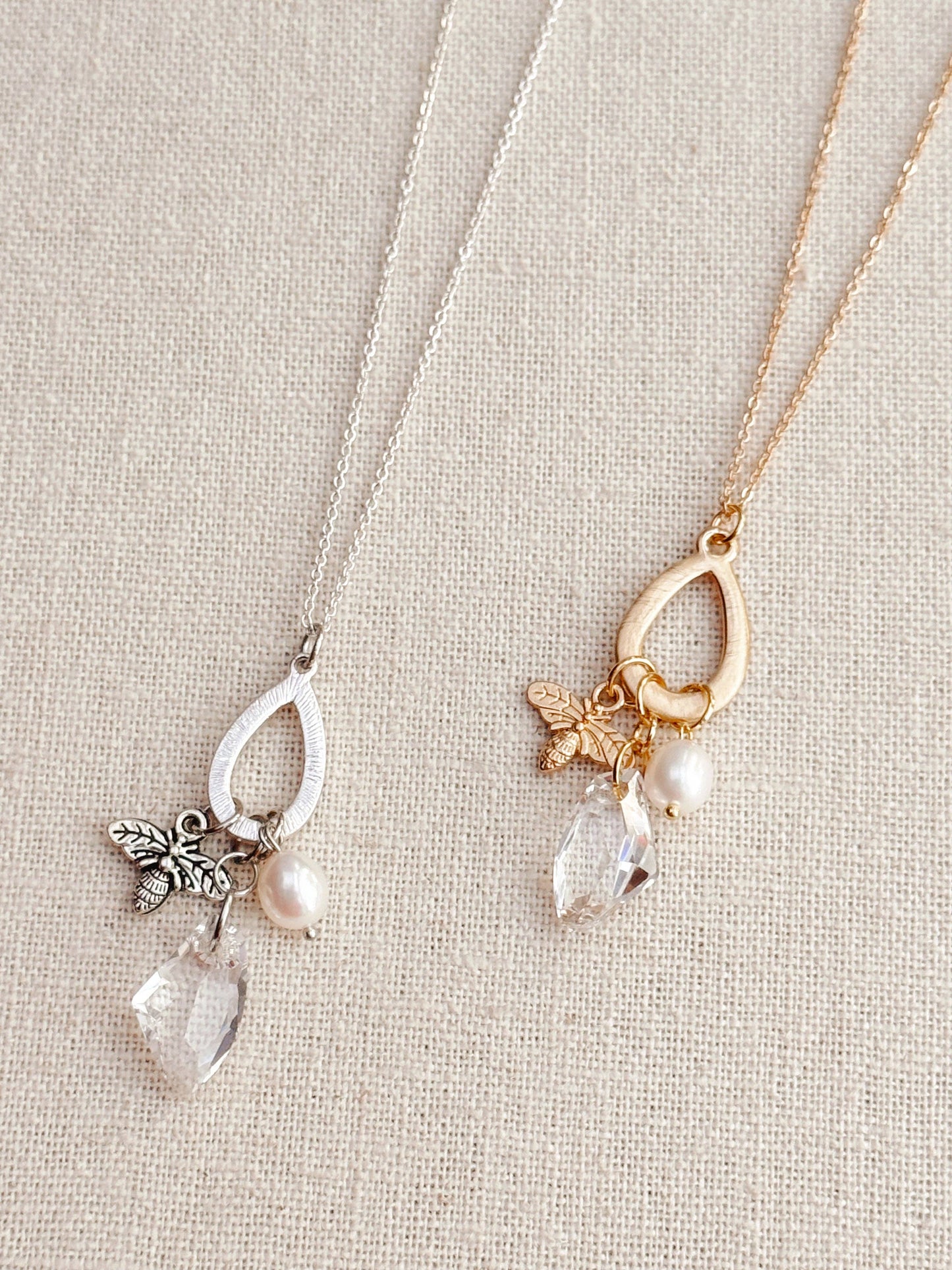 Silver Bee Charm Necklace with Pearl & Swarovski Crystal