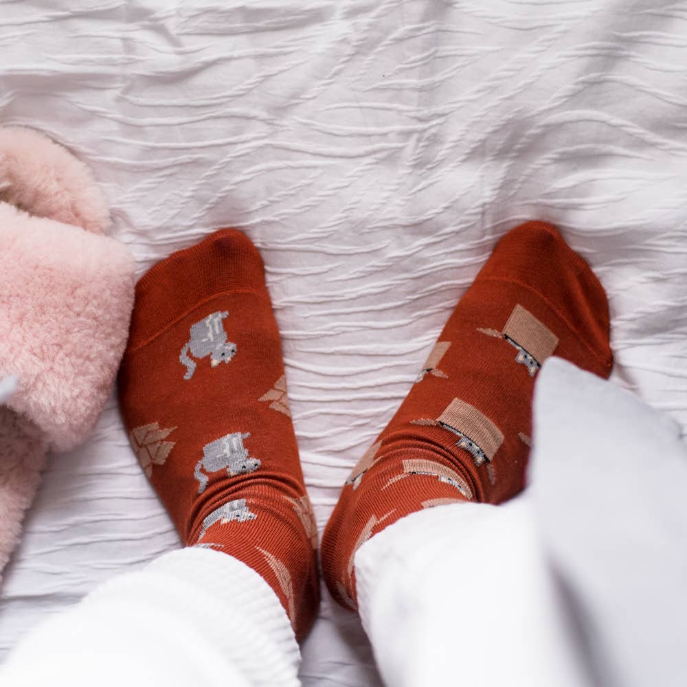 Women's Orange Cat & Box Crew Socks - Playful Feline Gift