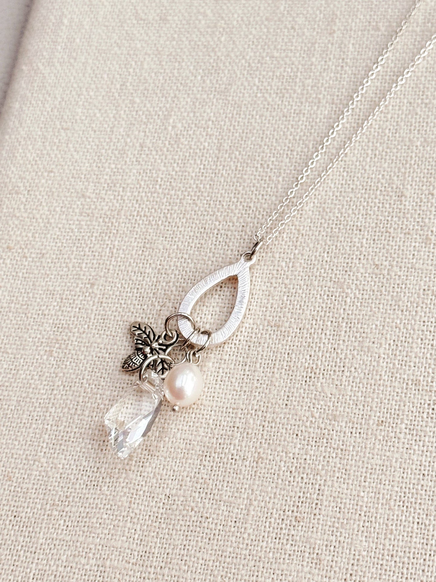 Silver Bee Charm Necklace with Pearl & Swarovski Crystal
