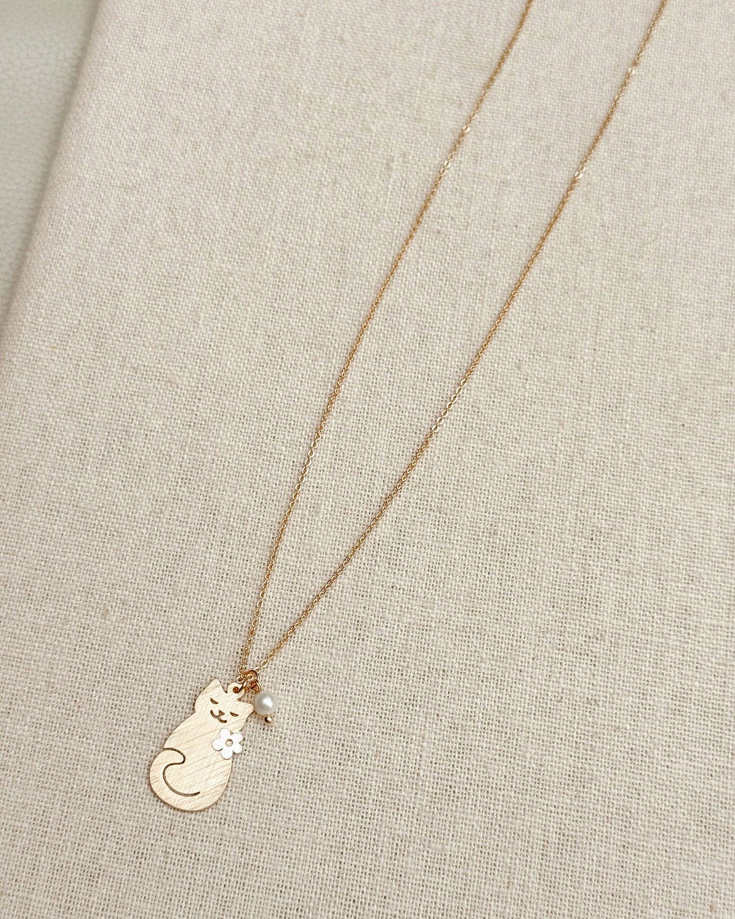 Gold Cat Charm Necklace with Pearl Accent