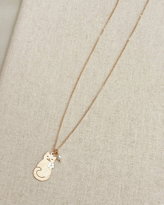 Gold Cat Charm Necklace with Pearl Accent