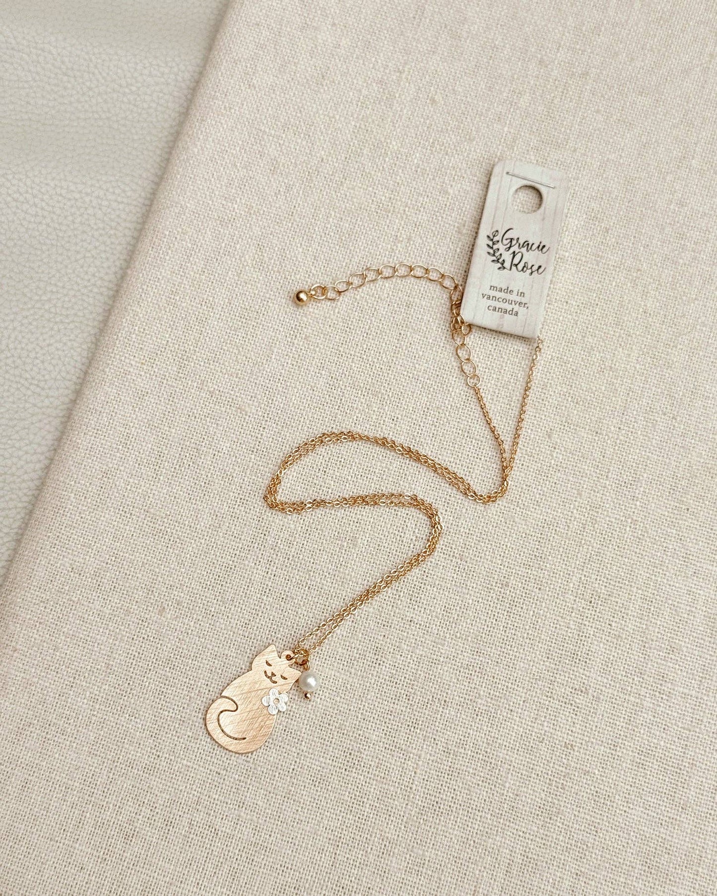 Gold Cat Charm Necklace with Pearl Accent