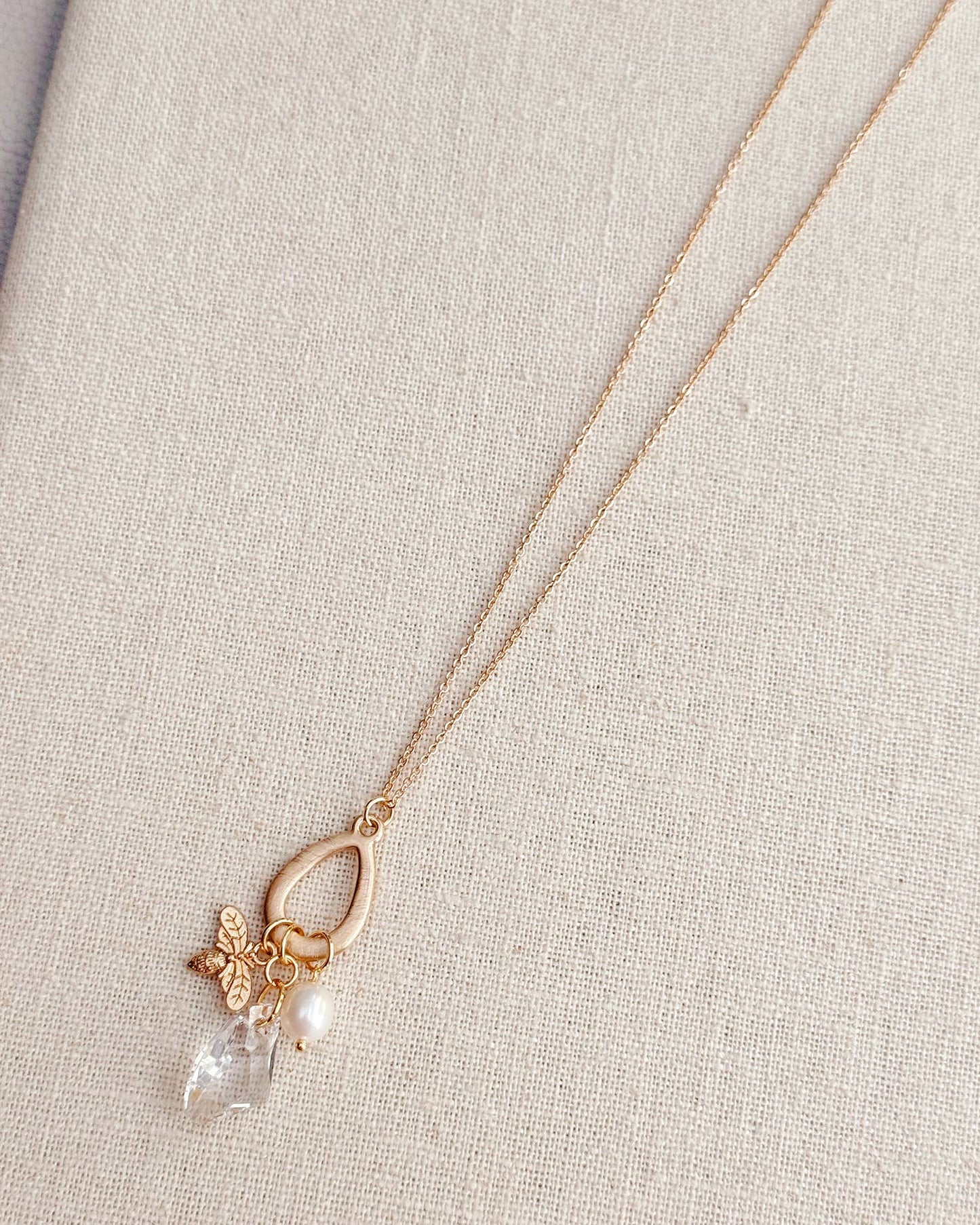 Gold Freshwater Pearl Swarovski Crystal Bee Charm Necklace