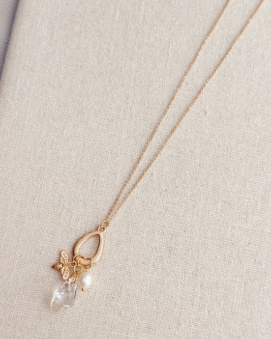 Gold Freshwater Pearl Swarovski Crystal Bee Charm Necklace