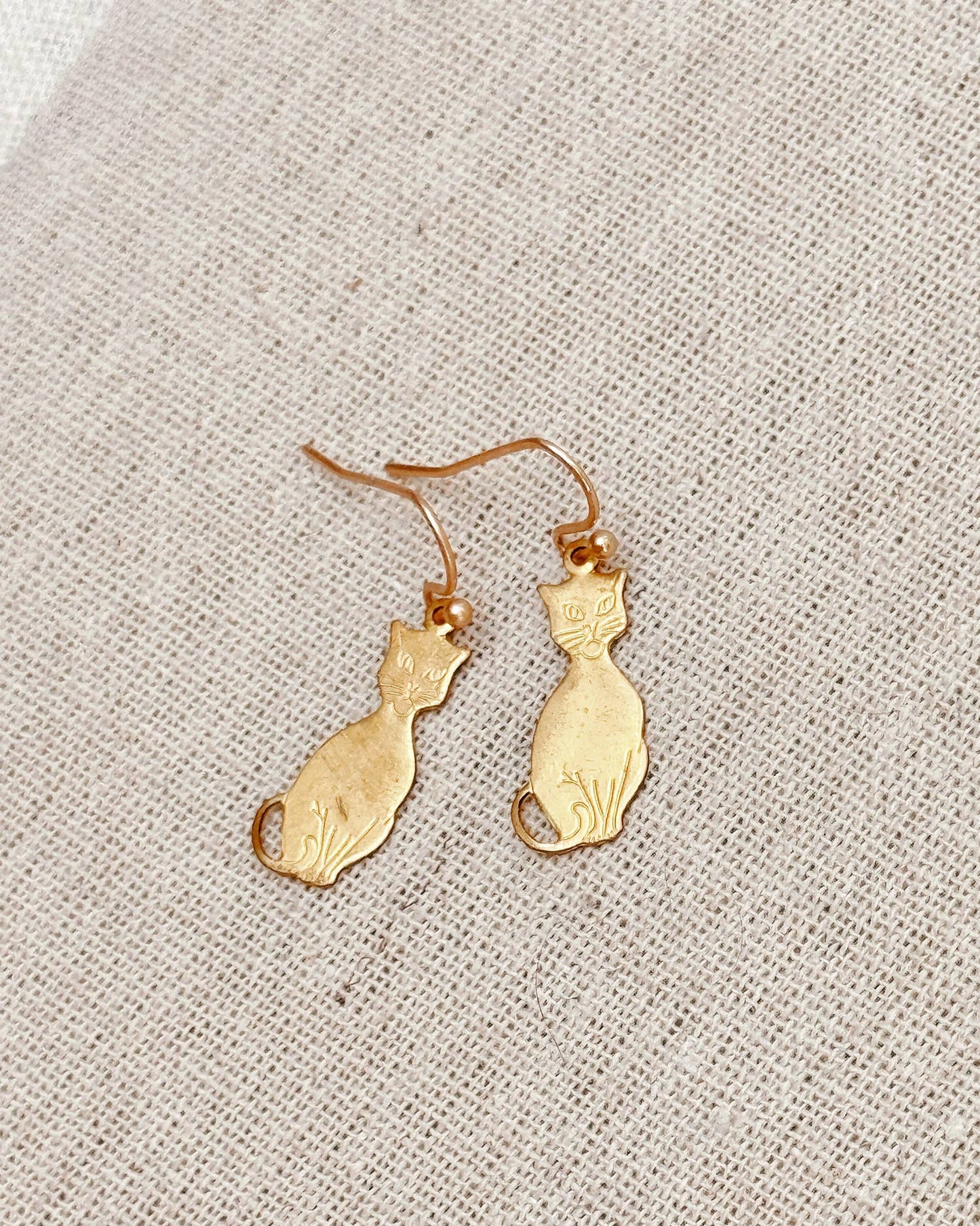 Brass Engraved Cat Silhouette Earrings