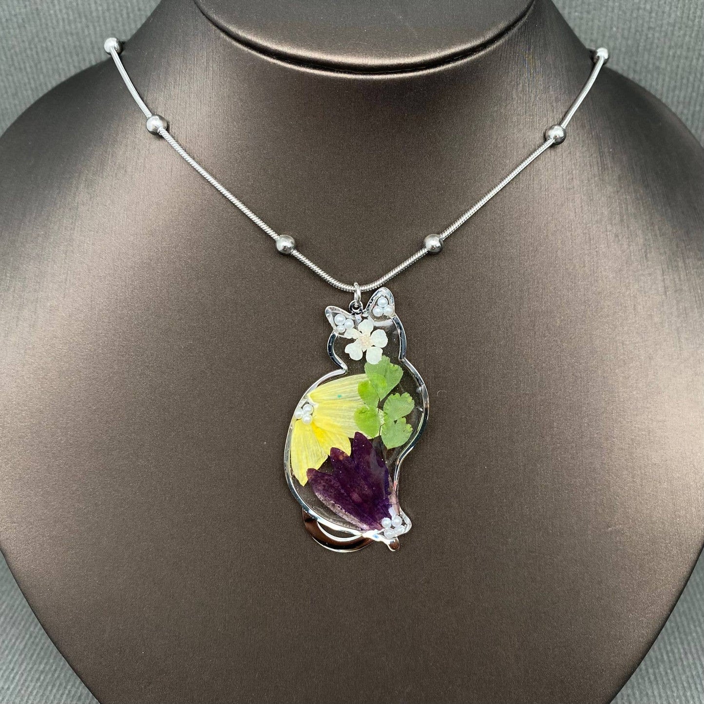 Dried Floral Cat Charm Necklace