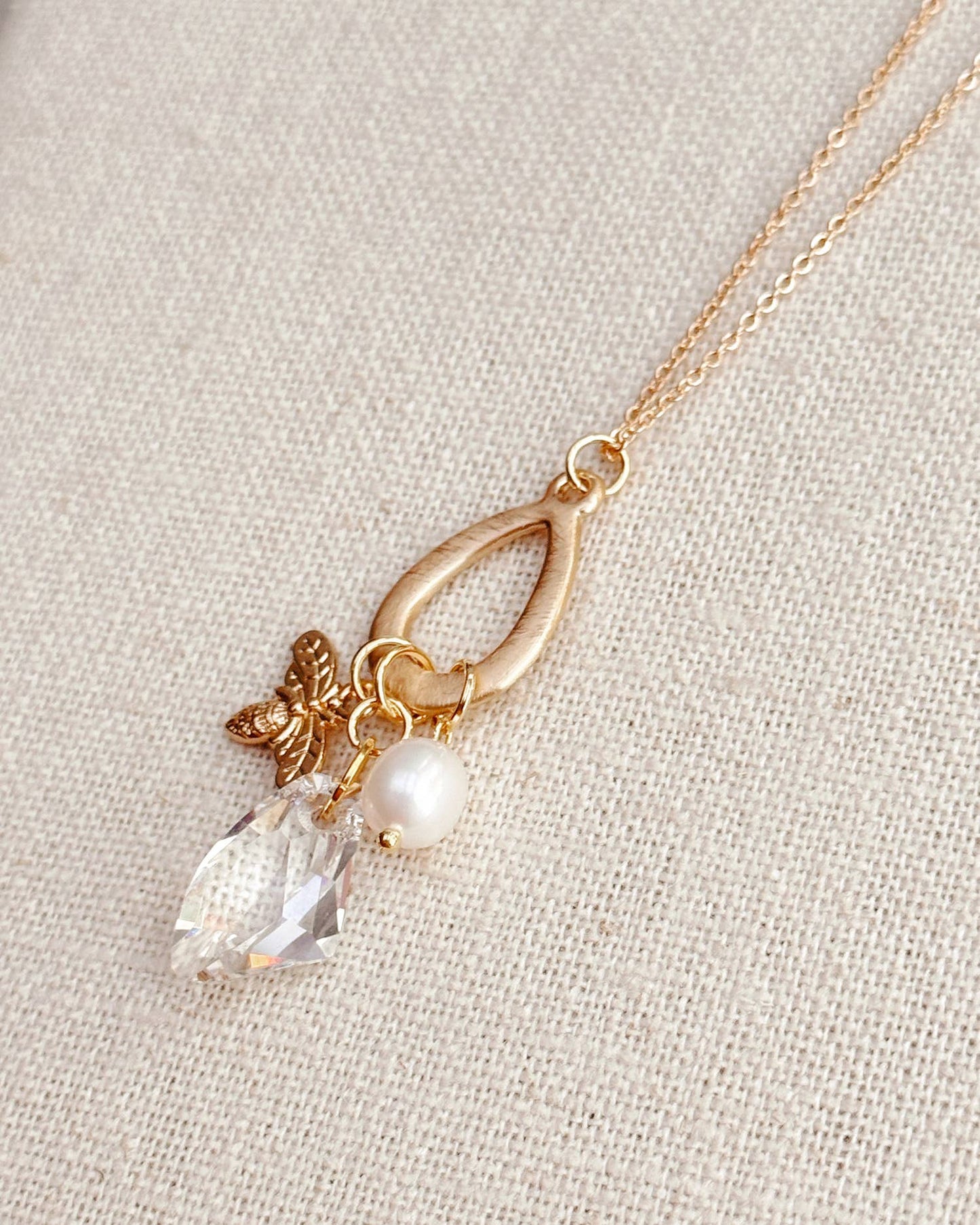 Gold Freshwater Pearl Swarovski Crystal Bee Charm Necklace