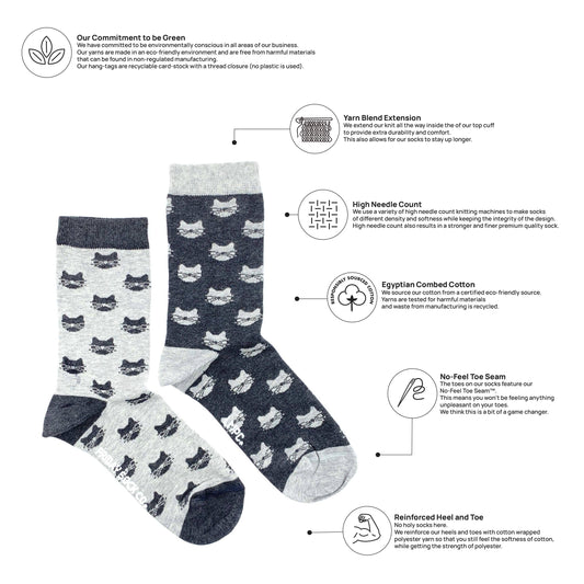 Women’s Inverted Grey Cat Crew Socks - Soft Combed Cotton
