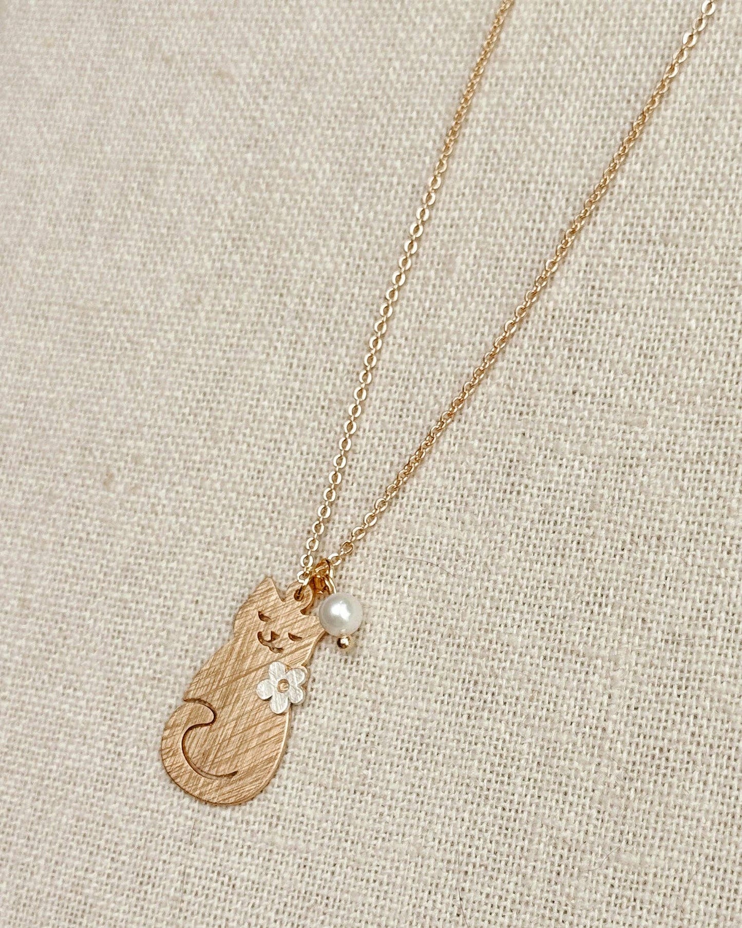 Gold Cat Charm Necklace with Pearl Accent