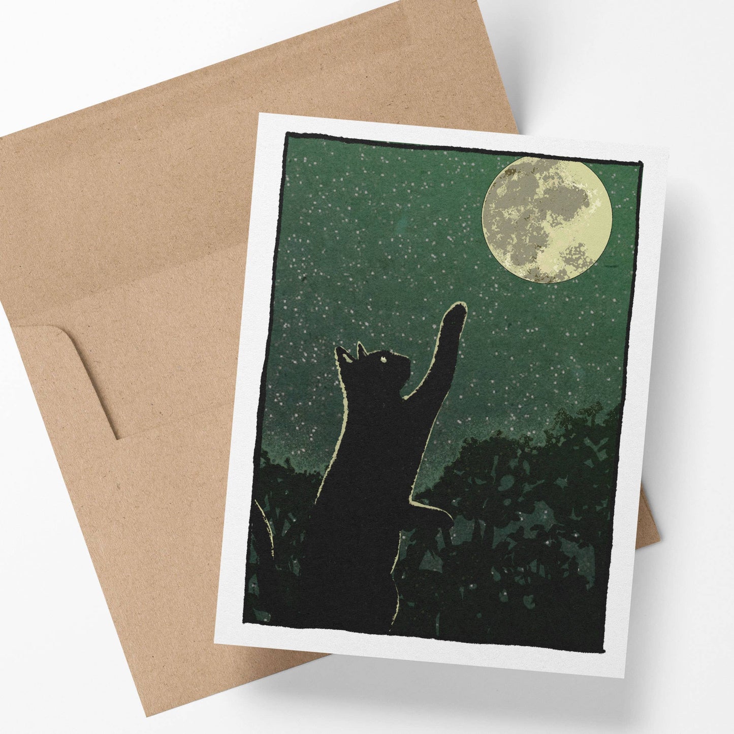 Catch the Moon - Curious Black Cat and Full Moon Notecard