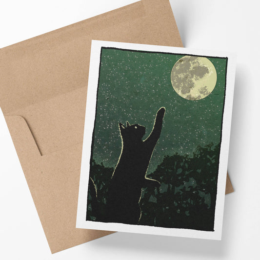 Catch the Moon - Curious Black Cat and Full Moon Notecard