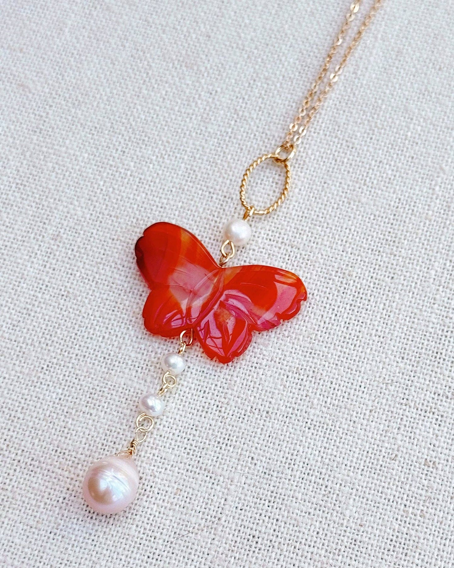 Carnelian Butterfly Charm Necklace with Freshwater Pearl