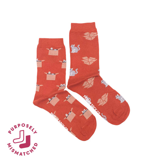 Women's Orange Cat & Box Crew Socks - Playful Feline Gift