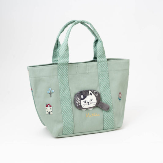 Kusuguru Japan Canvas Tote Bag with Embroidered Cat