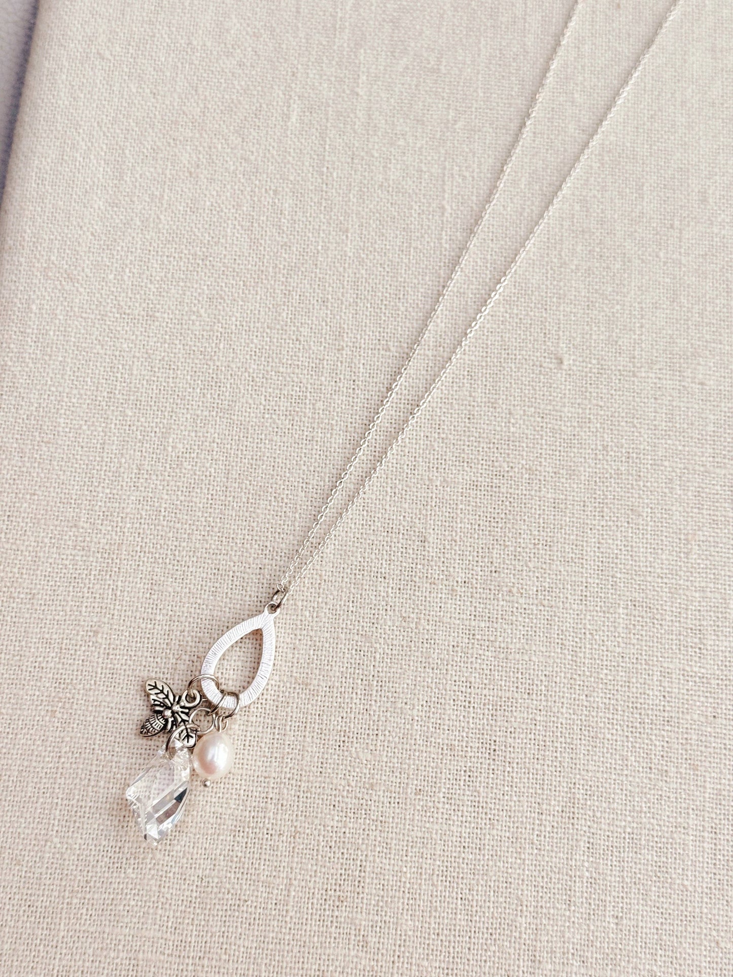 Silver Bee Charm Necklace with Pearl & Swarovski Crystal