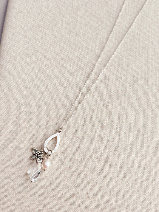 Silver Bee Charm Necklace with Pearl & Swarovski Crystal