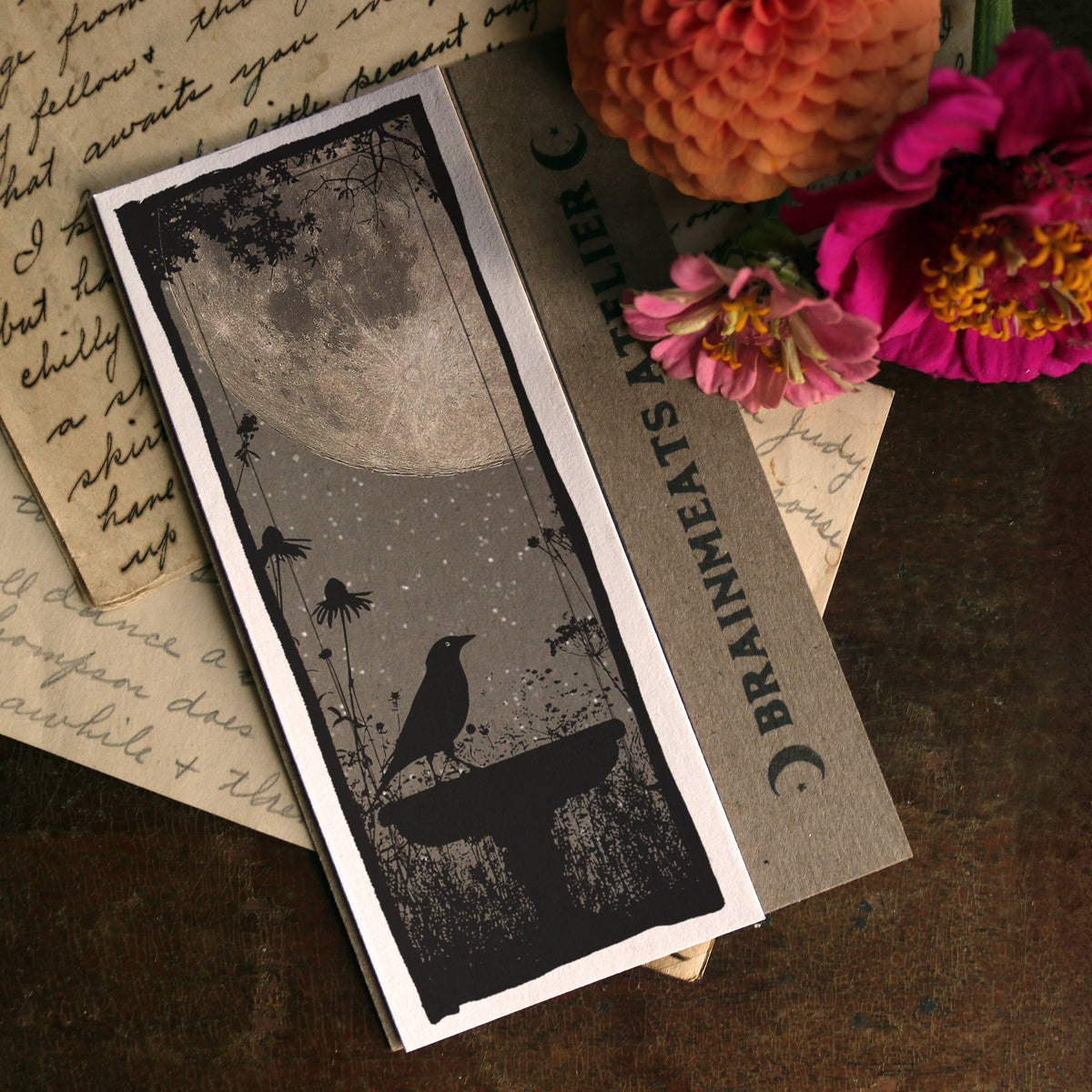 Moonlit Birdbath - Gothic Night Garden Bookmark