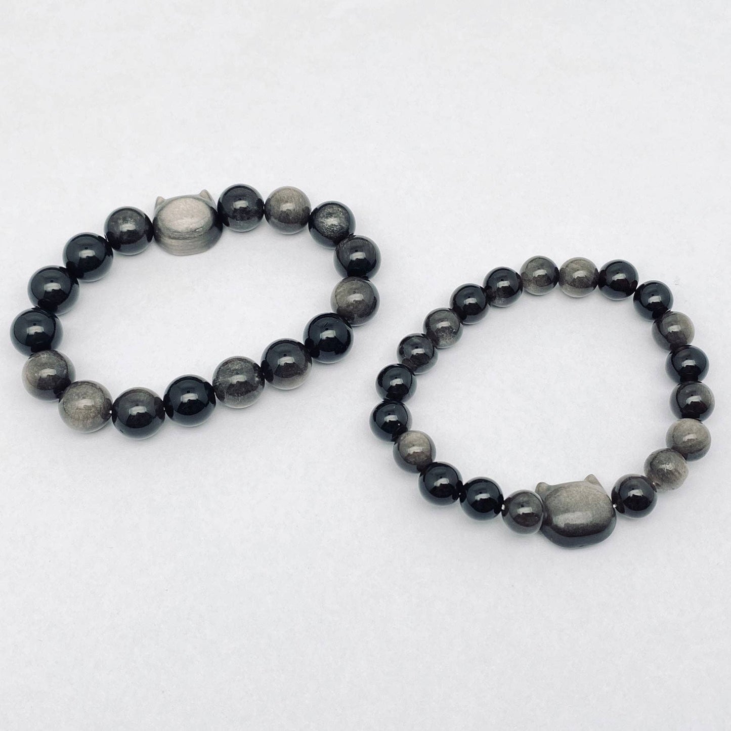 Silver Obsidian Beaded Cat Charm Bracelet