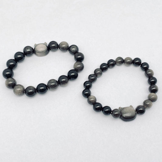 Silver Obsidian Beaded Cat Charm Bracelet