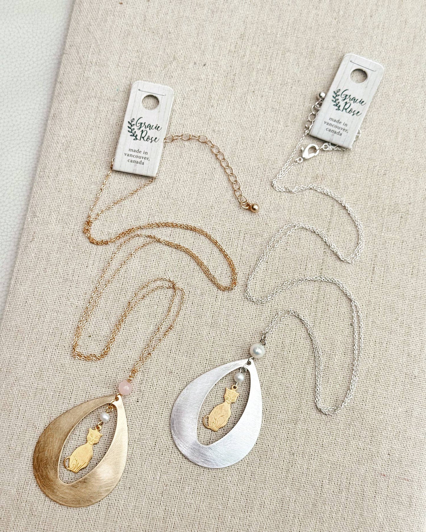 Mixed Metal Cat Teardrop Necklace
