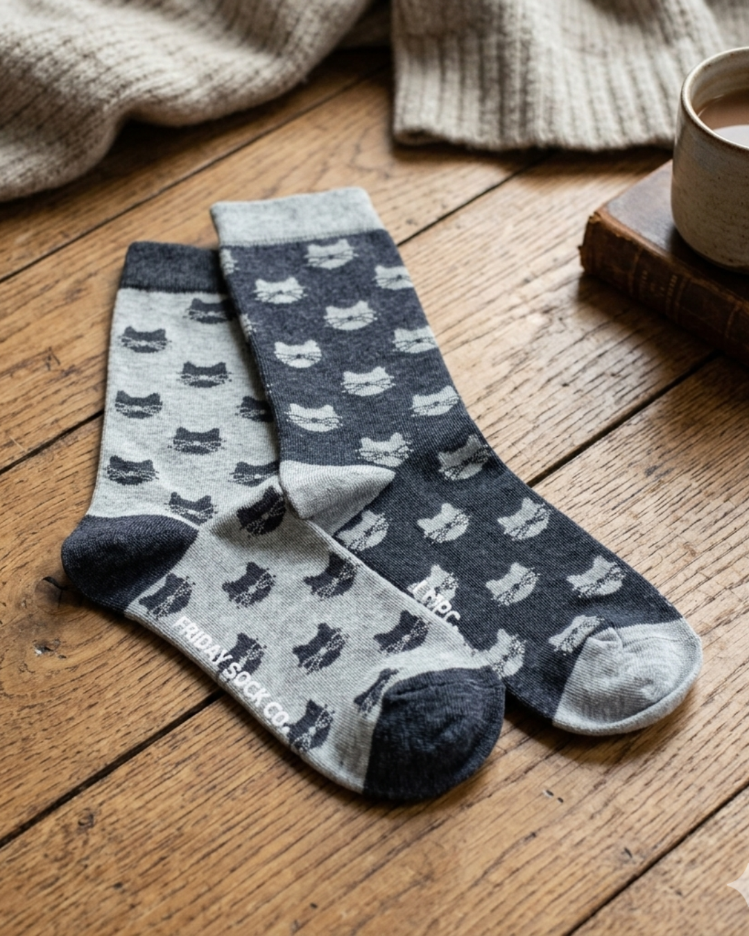 Women’s Inverted Grey Cat Crew Socks - Soft Combed Cotton