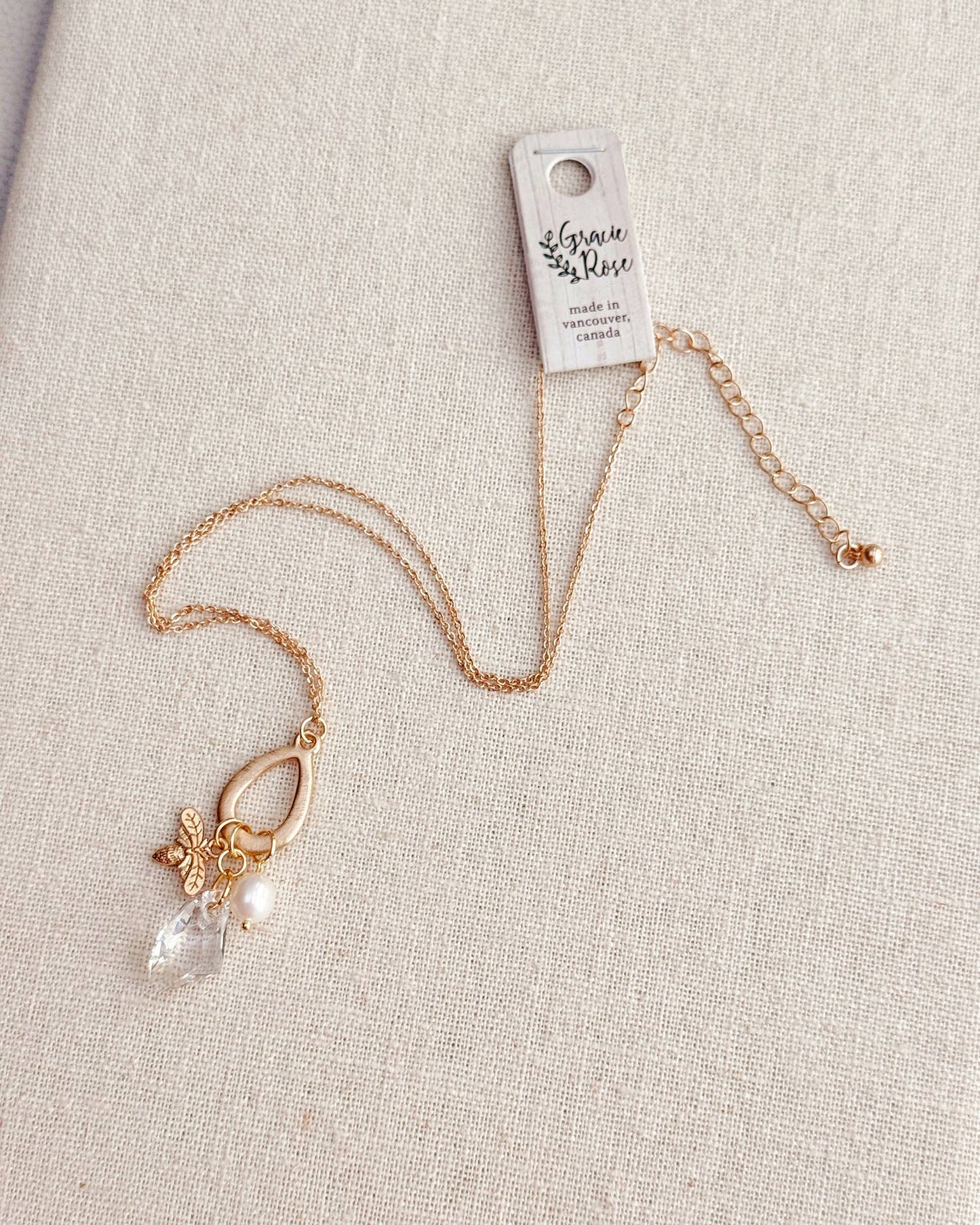 Gold Freshwater Pearl Swarovski Crystal Bee Charm Necklace