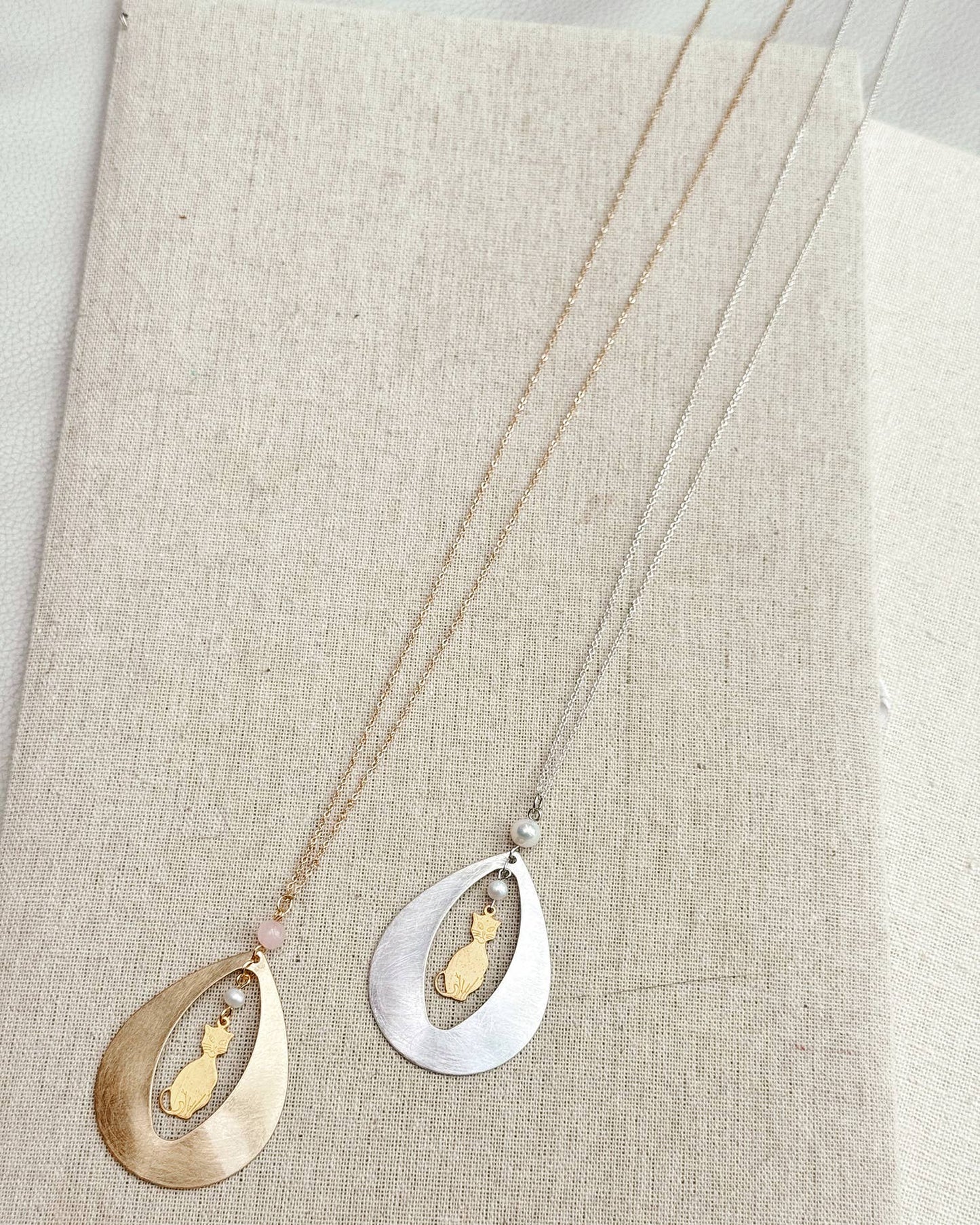 Mixed Metal Cat Teardrop Necklace
