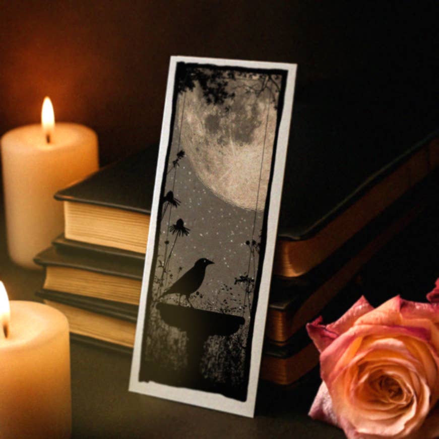 Moonlit Birdbath - Gothic Night Garden Bookmark