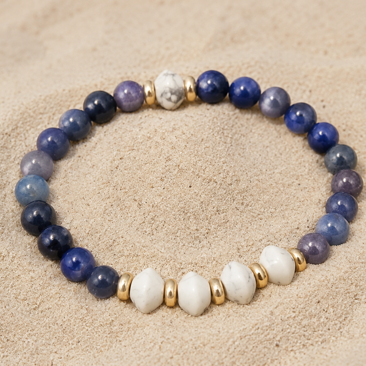 Blue Aventurine & Howlite Bracelet with Gold Accents