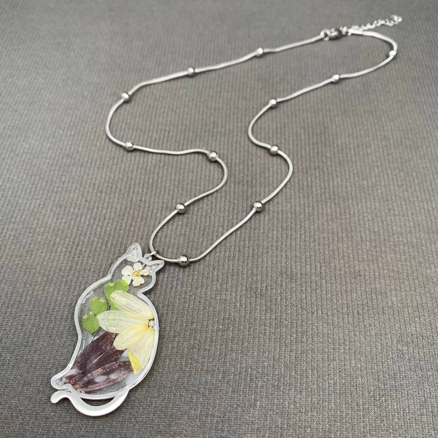 Dried Floral Cat Charm Necklace