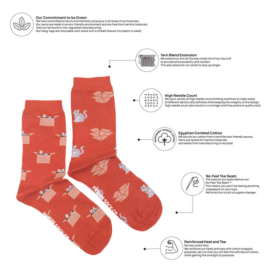 Women's Orange Cat & Box Crew Socks - Playful Feline Gift