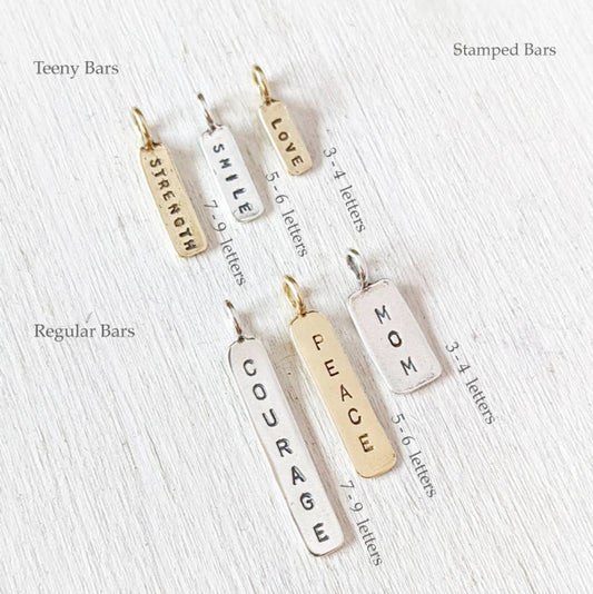 Hand Stamped Teeny Silver or Bronze Word Bars