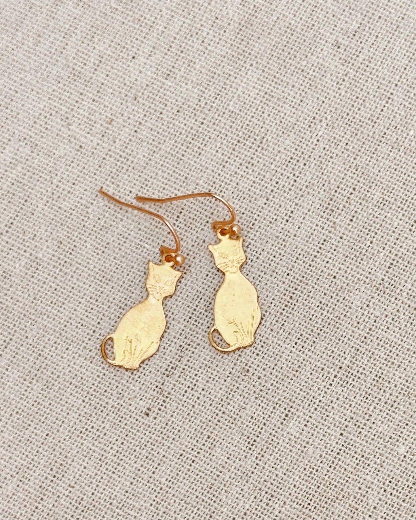 Brass Engraved Cat Silhouette Earrings