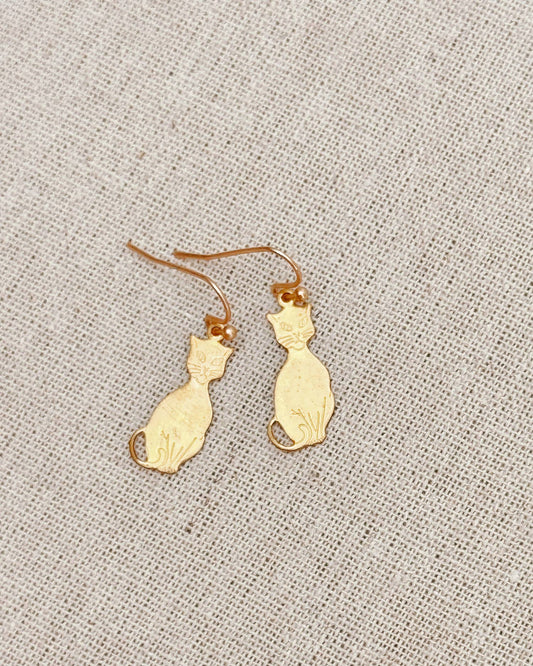 Brass Engraved Cat Silhouette Earrings